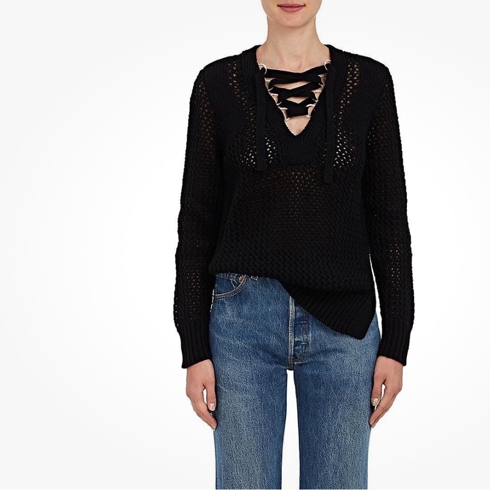 DEREK LAM 10 CROSBY Open-Knit Cotton Lace-Up Top Sweater V‎ Neck Black Size S/P